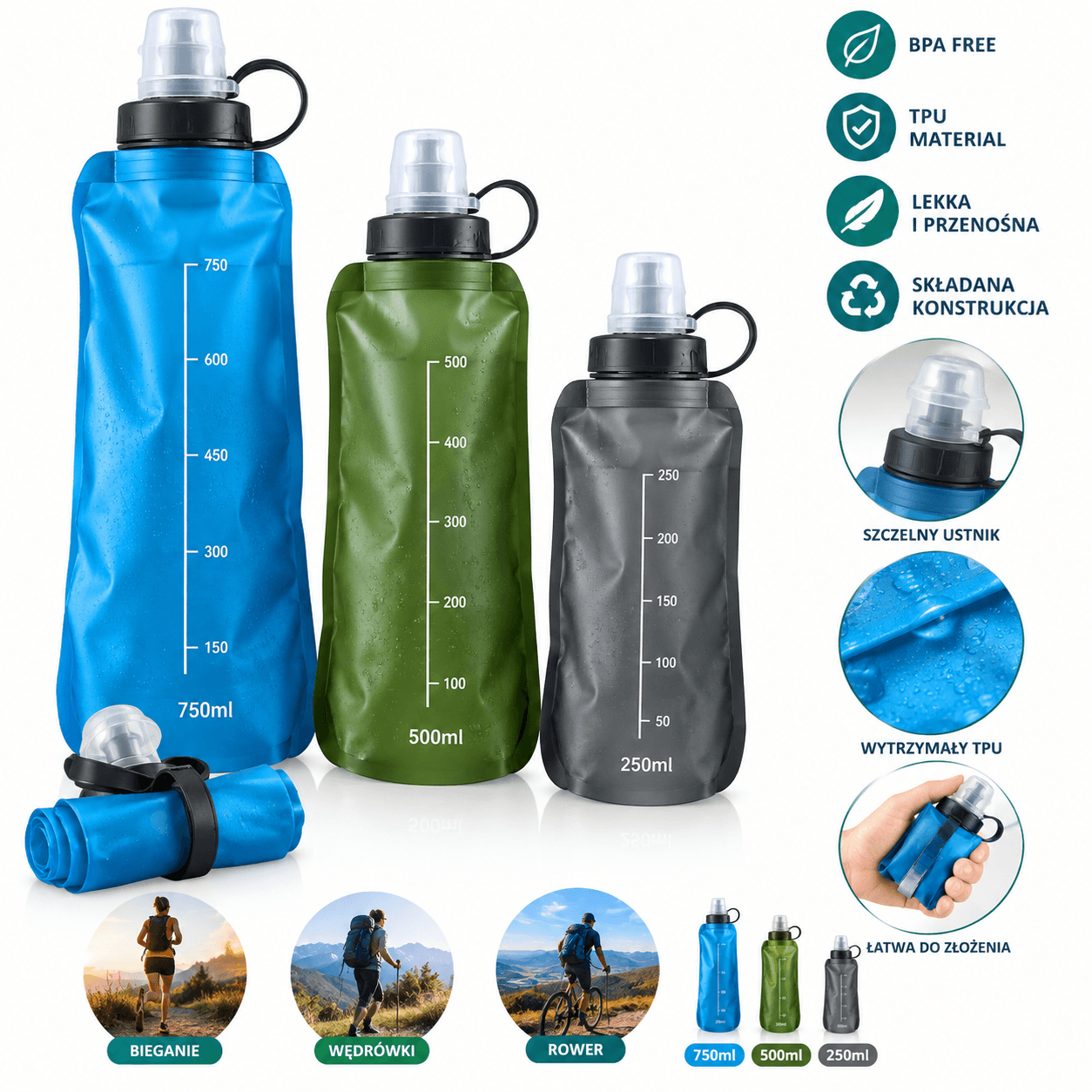 Miękka składana butelka na wodę 250/500/750 ml TPU, bez BPA